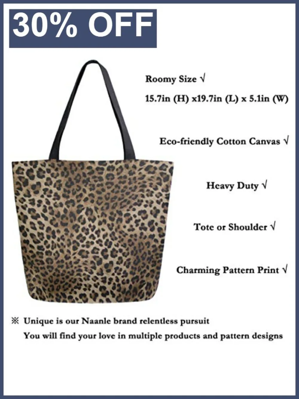Canvas Tote Bag Large Leopard Print Reusable Grocery Shopping Bag